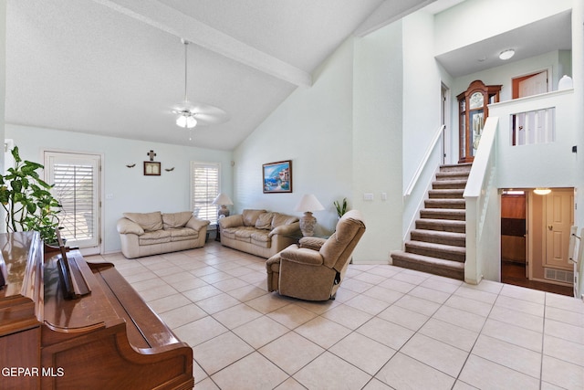 12090 Sterling Mary Way, El Paso, TX 79936 - living room featuring high vaulted ceiling, beamed ceiling, light tile patterned floors, a ceiling fan, and stairway