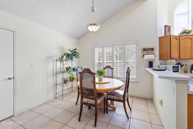 12090 Sterling Mary Way, El Paso, TX 79936 - dining area with high vaulted ceiling, light tile patterned floors, and a textured ceiling