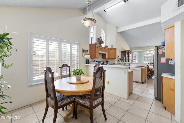 12090 Sterling Mary Way, El Paso, TX 79936 - dining space featuring beam ceiling, light tile patterned floors, and high vaulted ceiling