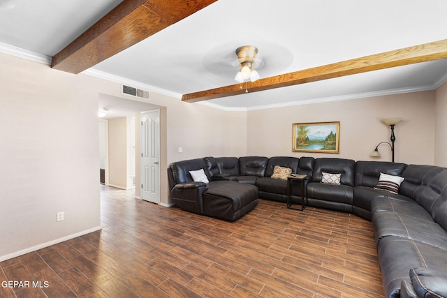 12090 Sterling Mary Way, El Paso, TX 79936 - living room with beamed ceiling, wood finished floors, ceiling fan, and ornamental molding