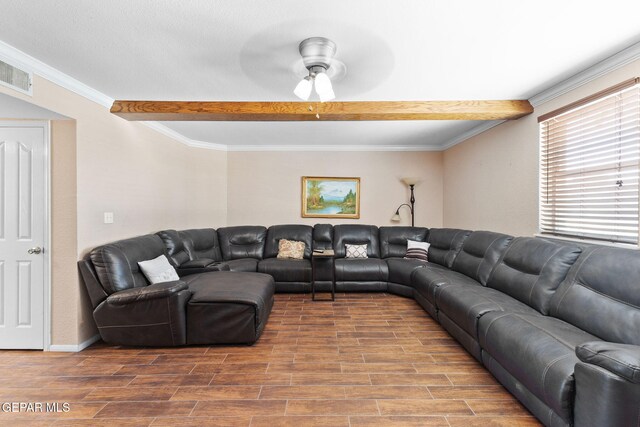 12090 Sterling Mary Way, El Paso, TX 79936 - living area featuring beam ceiling, wood finished floors, ceiling fan, and crown molding