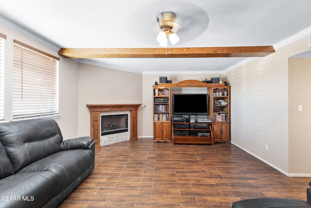12090 Sterling Mary Way, El Paso, TX 79936 - living area with a ceiling fan, dark wood finished floors, beam ceiling, a high end fireplace, and ornamental molding