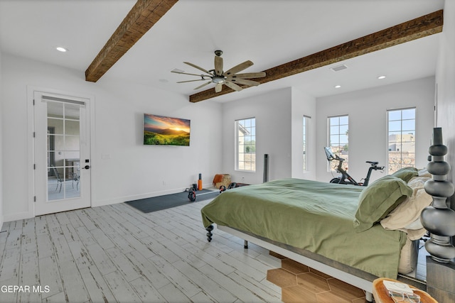 1042 Castillo Ct, El Paso, TX 79932 - bedroom with beamed ceiling, wood finished floors, access to exterior, recessed lighting, and a ceiling fan
