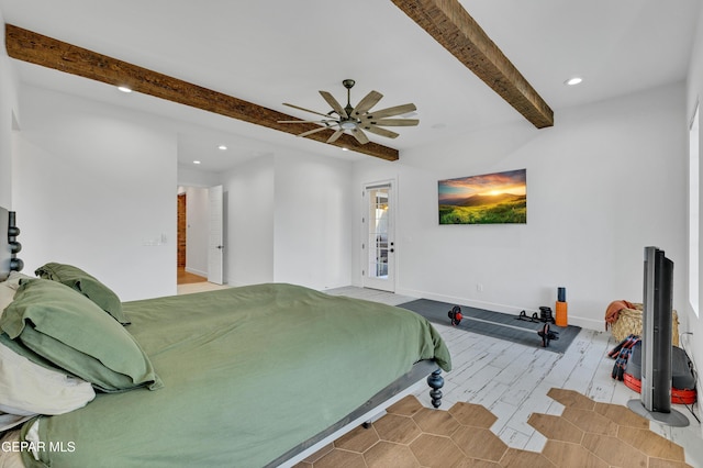 1042 Castillo Ct, El Paso, TX 79932 - bedroom featuring beam ceiling, recessed lighting, wood finished floors, and a ceiling fan