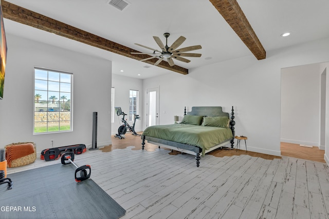 1042 Castillo Ct, El Paso, TX 79932 - bedroom with beamed ceiling, wood finished floors, recessed lighting, and ceiling fan