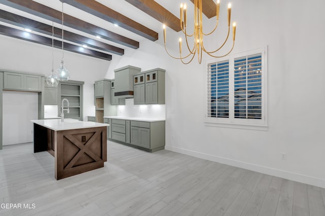 837 Paseo Serra Ct, El Paso, TX 79928 - kitchen featuring beamed ceiling, a chandelier, light wood-type flooring, gray cabinetry, and a kitchen island with sink