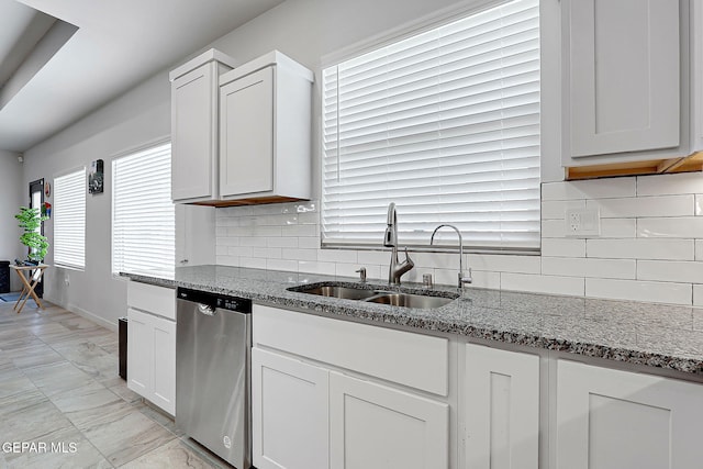 2362 Enchanted Crown Ln, El Paso, TX 79911 - kitchen featuring dishwasher, white cabinets, stone counters, and decorative backsplash