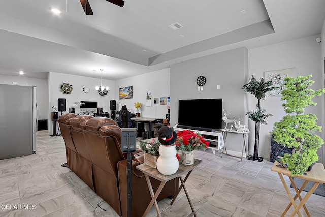 2362 Enchanted Crown Ln, El Paso, TX 79911 - living room with ceiling fan, a chandelier, a tray ceiling, light marble finish floors, and recessed lighting