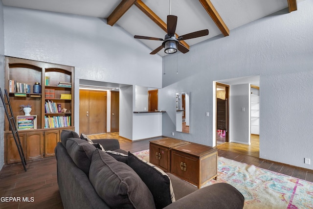6604 Camino Fuente Dr, El Paso, TX 79912 - living area with beam ceiling, wood finished floors, a ceiling fan, high vaulted ceiling, and a textured wall