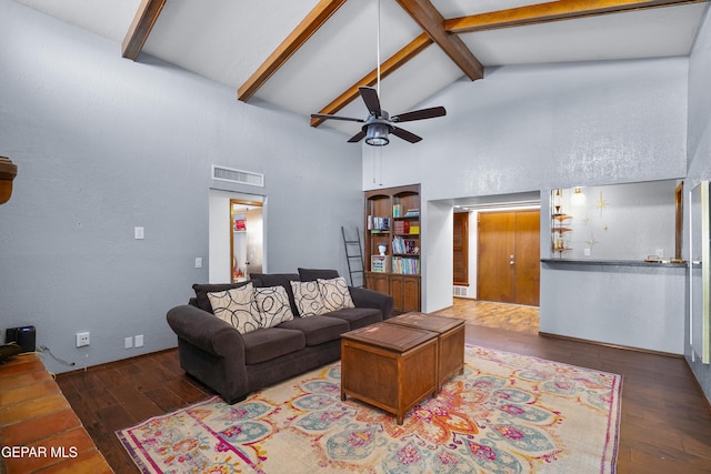 6604 Camino Fuente Dr, El Paso, TX 79912 - living room featuring high vaulted ceiling, beamed ceiling, wood-type flooring, and ceiling fan