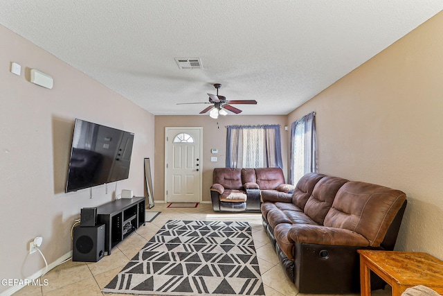 13344 Jonathan Elias Ct, El Paso, TX 79938 - living area with light tile patterned floors, a ceiling fan, and a textured ceiling
