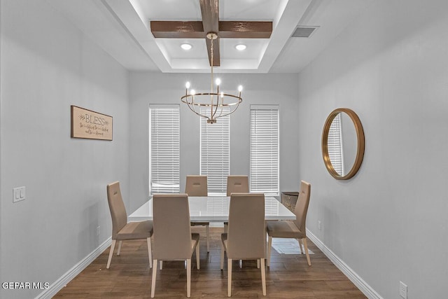 991 Hull St, El Paso, TX 79928 - dining area featuring a chandelier, wood finished floors, coffered ceiling, and beamed ceiling