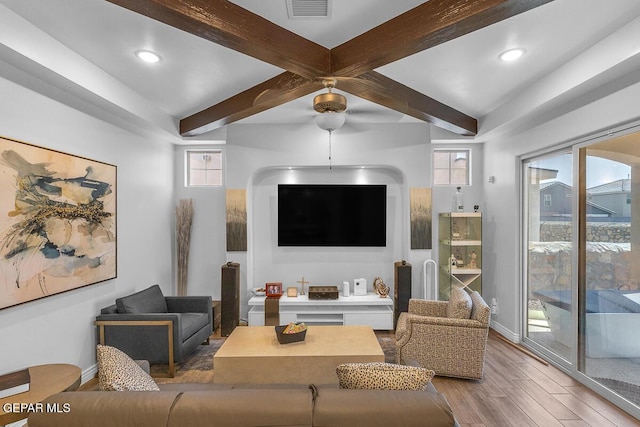 991 Hull St, El Paso, TX 79928 - living room featuring wood finished floors, beam ceiling, plenty of natural light, and recessed lighting