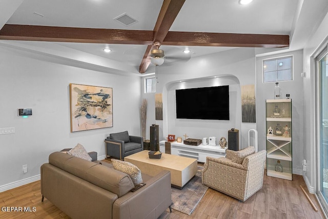 991 Hull St, El Paso, TX 79928 - living room with beamed ceiling, light wood finished floors, recessed lighting, and a ceiling fan