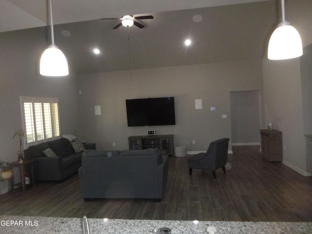 929 Pecos River Dr, El Paso, TX 79932 - living room with high vaulted ceiling, a ceiling fan, and wood finished floors