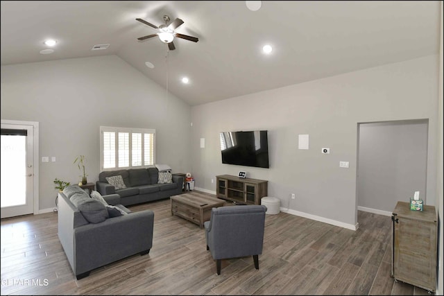 929 Pecos River Dr, El Paso, TX 79932 - living area with a ceiling fan, wood finished floors, high vaulted ceiling, and recessed lighting