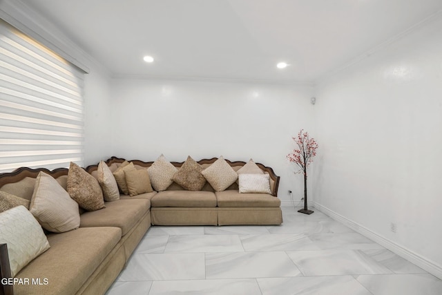 12247 Chisholm Pass Dr, El Paso, TX 79936 - living area featuring ornamental molding, recessed lighting, and light marble finish floors