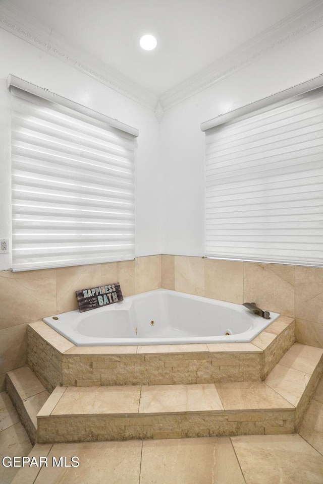 12247 Chisholm Pass Dr, El Paso, TX 79936 - bathroom with a jetted tub and crown molding