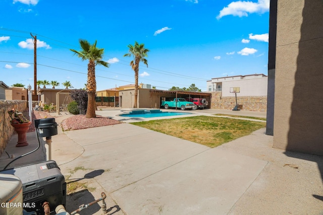 12247 Chisholm Pass Dr, El Paso, TX 79936 - view of patio featuring a pool with connected hot tub and an outbuilding