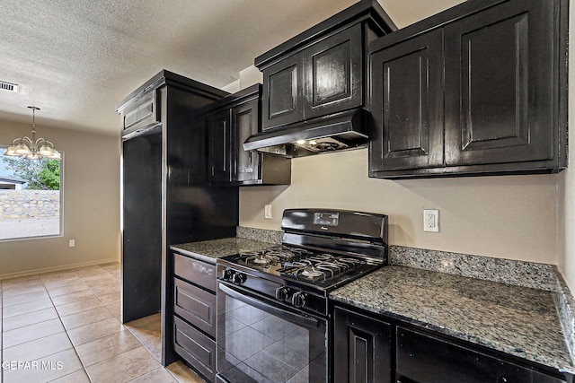 708 Cora Ruecker, El Paso, TX 79928 - kitchen with gas stove, under cabinet range hood, dark cabinetry, a chandelier, and a textured ceiling