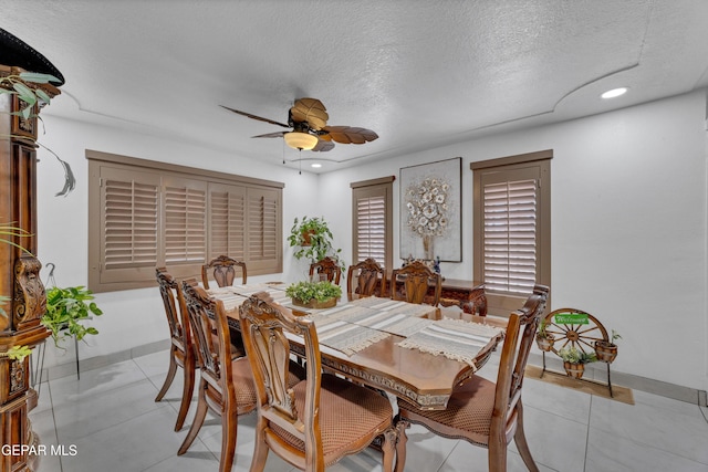 11749 Socorro Rd, Socorro, TX 79927 - dining area featuring ceiling fan, recessed lighting, a textured ceiling, and light tile patterned flooring