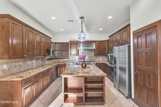 41 Sun Point Ln, El Paso, TX 79912 - kitchen featuring open shelves, appliances with stainless steel finishes, wall chimney exhaust hood, decorative backsplash, and light tile patterned flooring