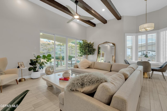 7424 Cimarron Gap Dr, El Paso, TX 79911 - living area featuring beamed ceiling, a ceiling fan, light wood-style floors, and recessed lighting
