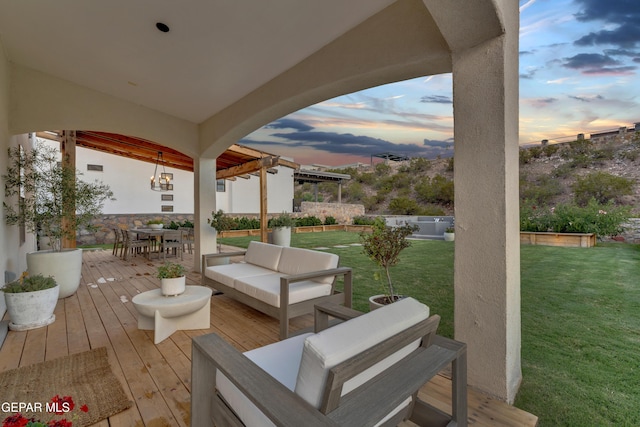 7424 Cimarron Gap Dr, El Paso, TX 79911 - wooden terrace featuring outdoor lounge area, a lawn, and outdoor dining area