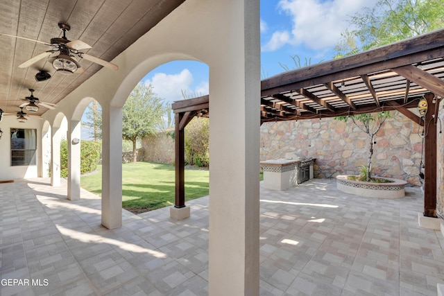 5833 Sundale Rd, El Paso, TX 79912 - view of patio / terrace featuring ceiling fan, area for grilling, and a pergola