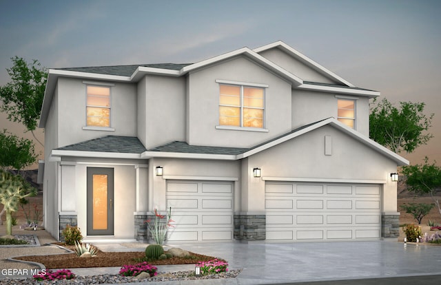 2225 Moon Loft Pl, El Paso, TX 79911 - traditional-style house with an attached garage, stucco siding, stone siding, concrete driveway, and a shingled roof