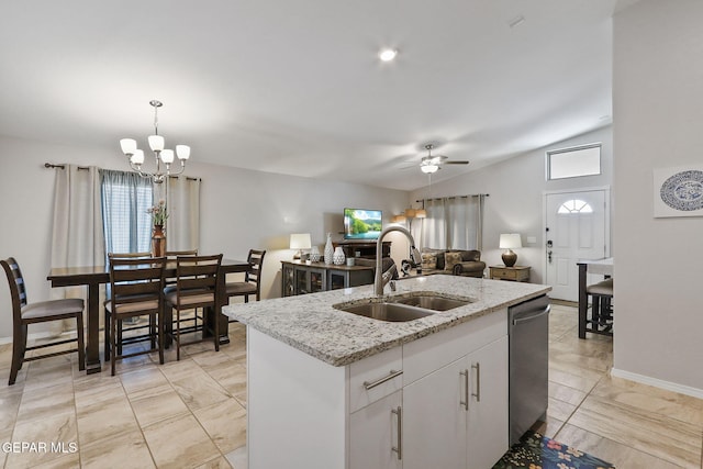 14744 Charles Foster Ave, El Paso, TX 79938 - kitchen featuring stainless steel dishwasher, open floor plan, a ceiling fan, a chandelier, and lofted ceiling