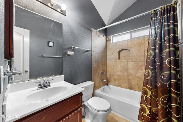 4640 Beacham St, El Paso, TX 79938 - bathroom with shower / bath combo, vanity, lofted ceiling, and a textured wall