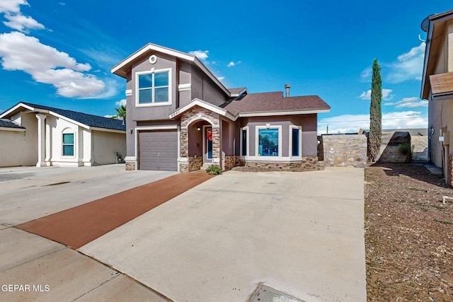4640 Beacham St, El Paso, TX 79938 - view of front of home featuring a garage, stucco siding, concrete driveway, stone siding, and roof with shingles