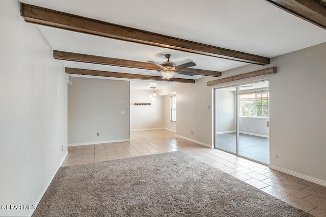 1615 Opossum Cir, Horizon City, TX 79928 - spare room featuring tile patterned floors, ceiling fan, and beamed ceiling