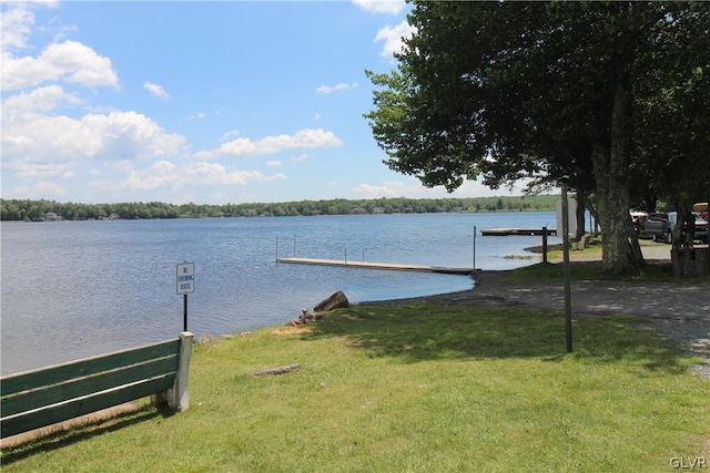 dock area with a water view and a yard