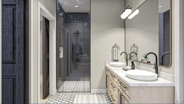 bathroom with vanity and a shower with shower door