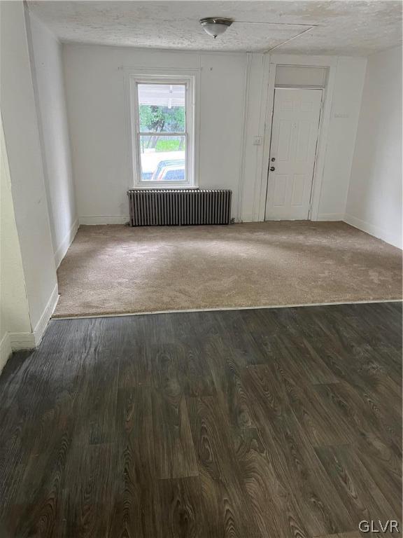 empty room featuring carpet flooring, radiator, and a textured ceiling