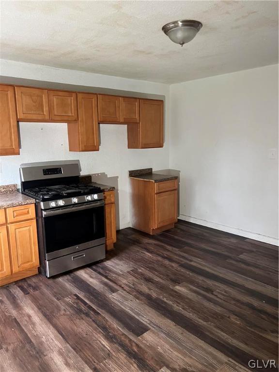 kitchen with stainless steel gas range oven and dark wood-type flooring