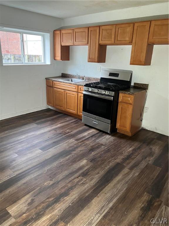 kitchen featuring stainless steel range with gas cooktop, dark hardwood / wood-style flooring, and sink