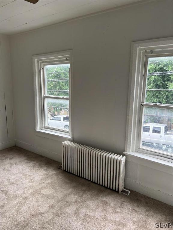 carpeted spare room with radiator heating unit and a wealth of natural light