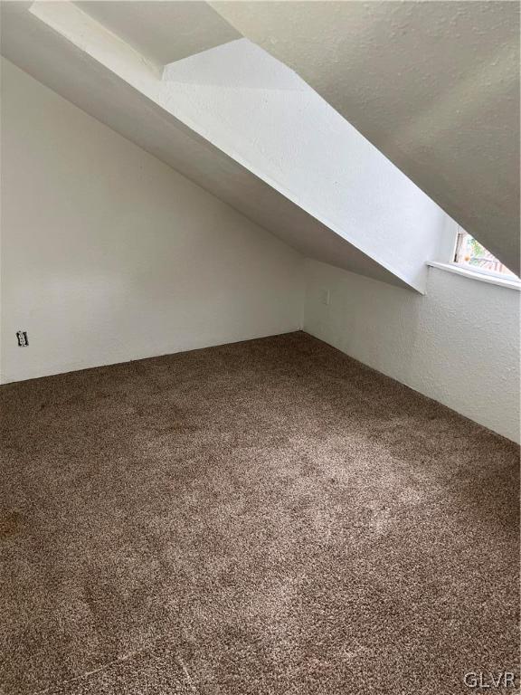 bonus room with carpet, vaulted ceiling with skylight, and a textured ceiling