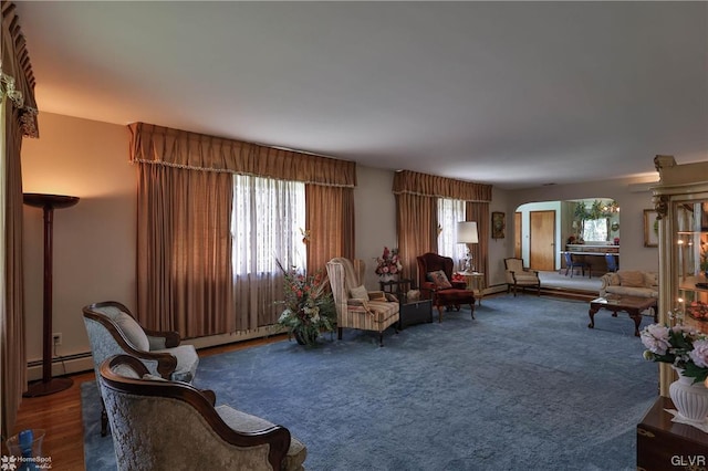 living room featuring a baseboard radiator and hardwood / wood-style flooring