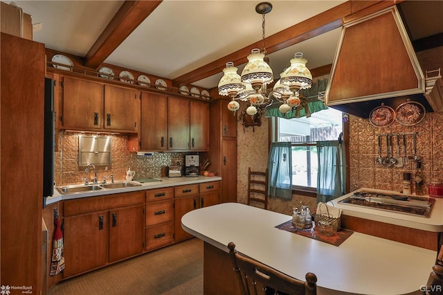 kitchen featuring sink, beamed ceiling, custom exhaust hood, dark carpet, and tasteful backsplash