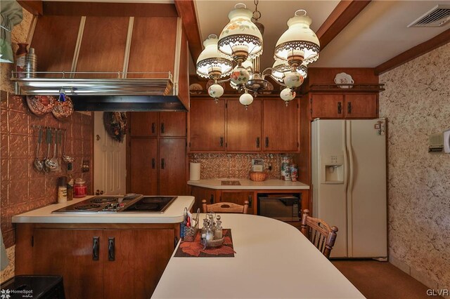 kitchen with white fridge with ice dispenser, black electric cooktop, beamed ceiling, and tasteful backsplash