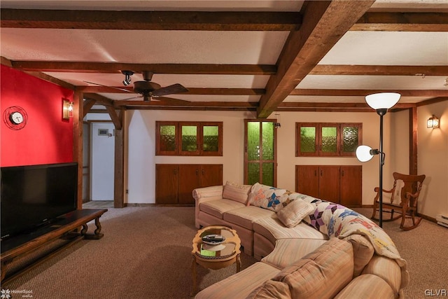 living room with beam ceiling, ceiling fan, carpet, and a baseboard radiator