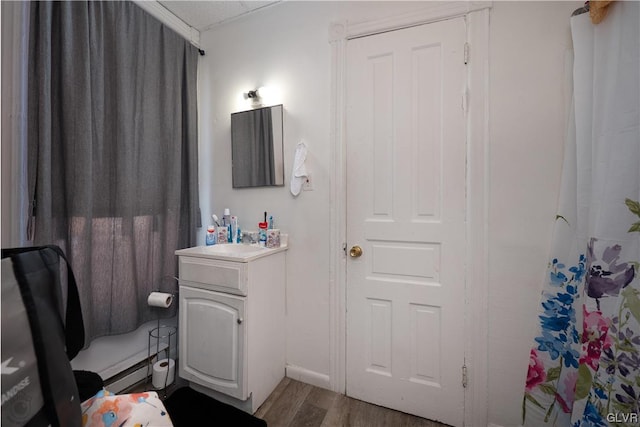 bathroom with wood-type flooring and vanity