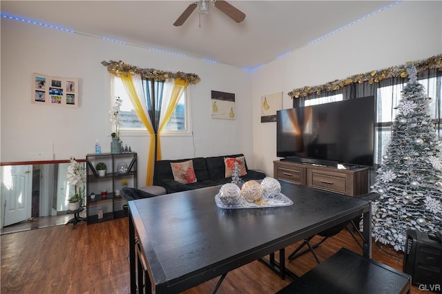 dining room with ceiling fan and dark wood-type flooring