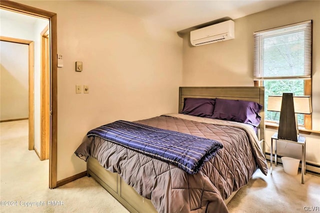 bedroom with light colored carpet and a wall mounted AC