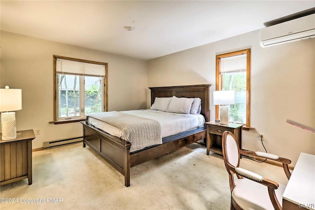 bedroom featuring light colored carpet, a baseboard radiator, and a wall mounted AC