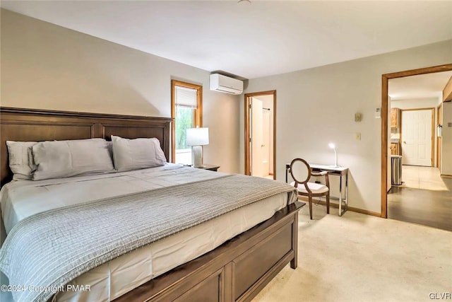 carpeted bedroom featuring an AC wall unit